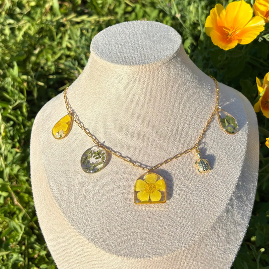 Buttercup flowers and tiny green leaves charm necklace