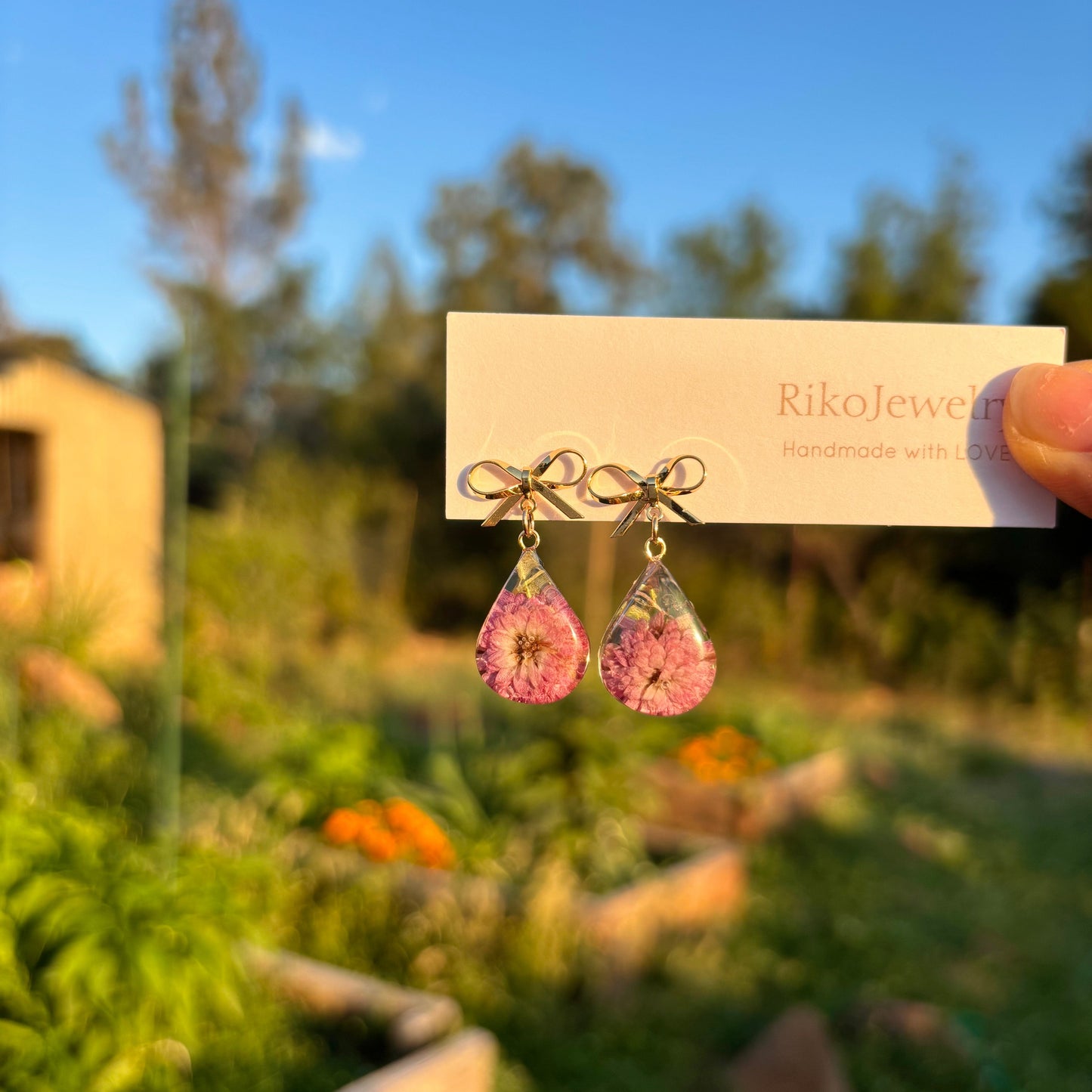 Ribbon purple chrysanthemum mini teardrop earrings
