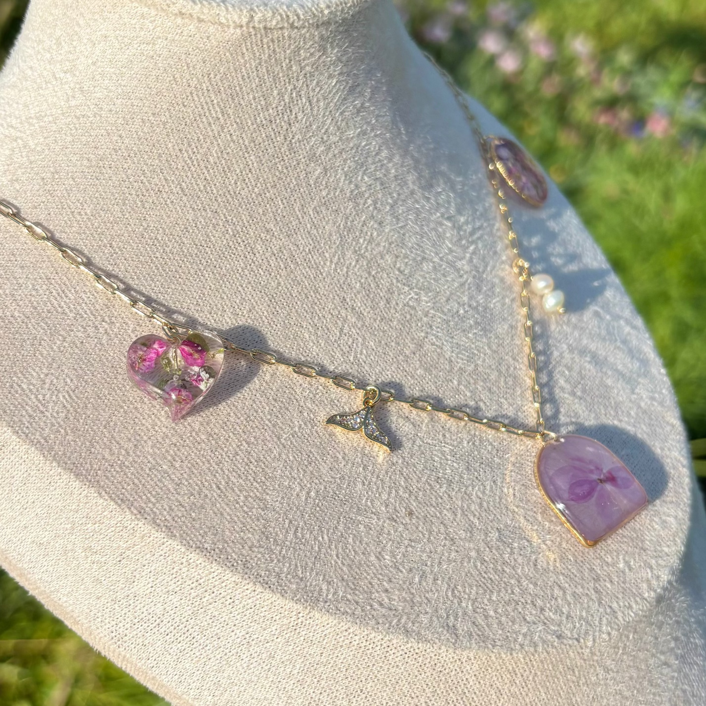 Pink flower garden charms necklace