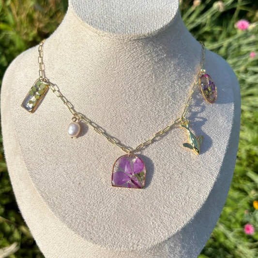 Purple Lobelia nature charm necklace