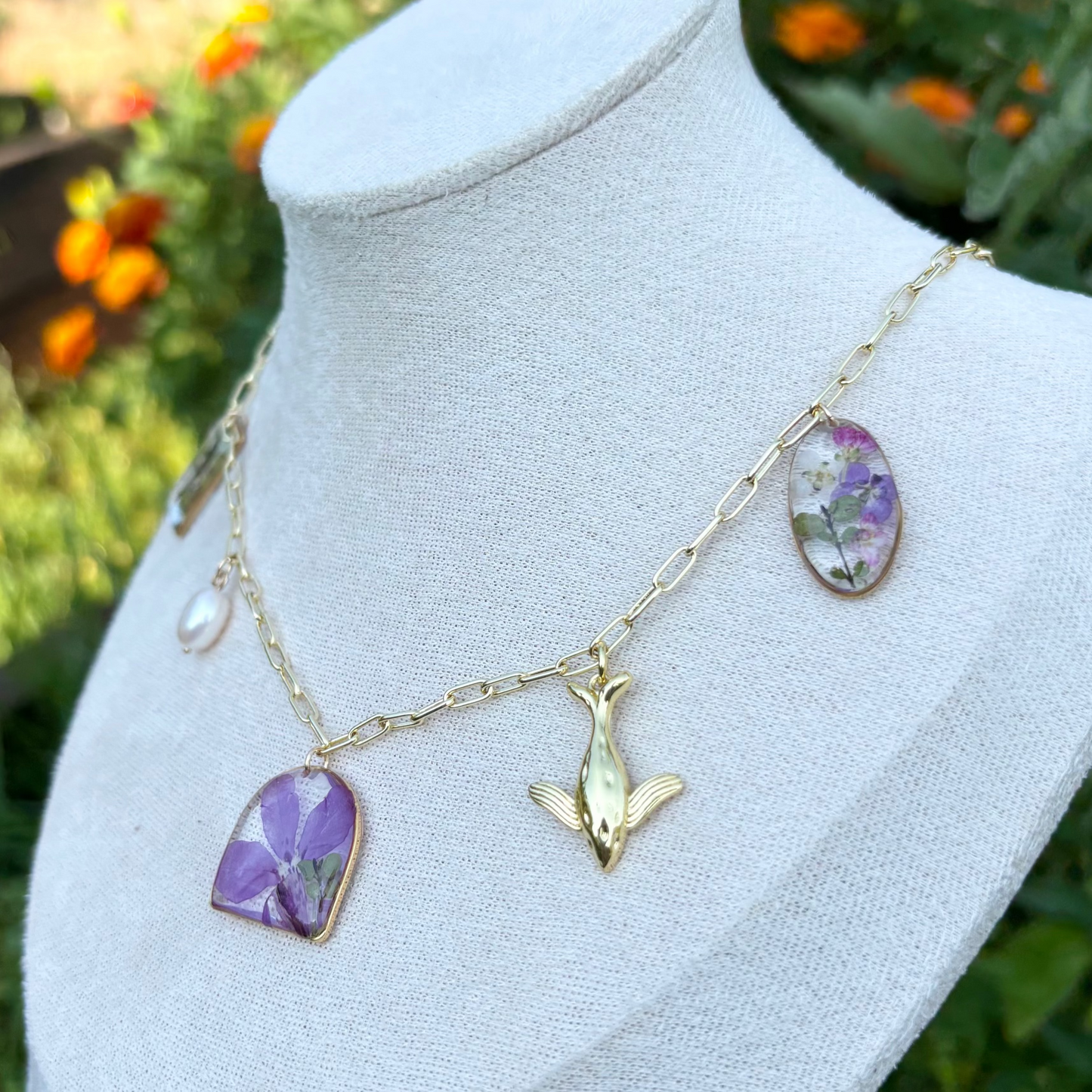 Purple Lobelia nature charm necklace