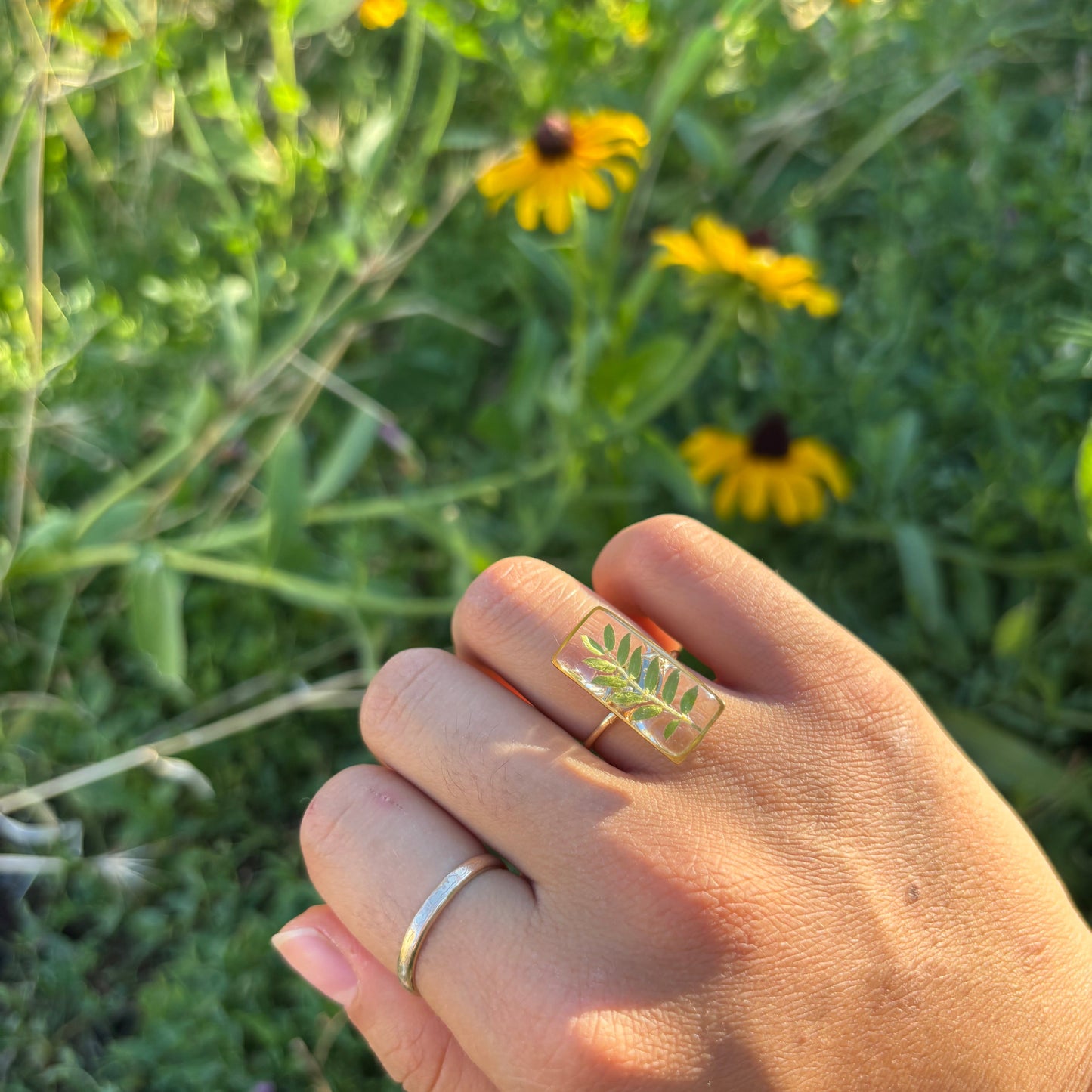 Pressed green leaf Ring