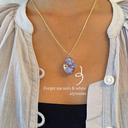 Forget me nots and white alyssum flowers necklace