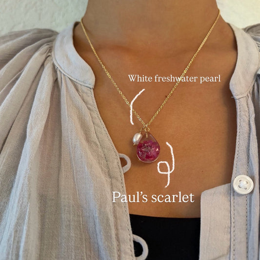 Paul's Scarlet flower and white freshwater pearl necklace