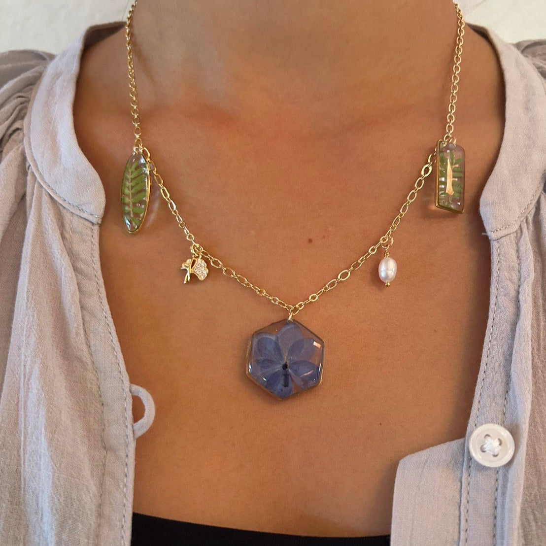 Blue Hydrangea garden Charms necklace