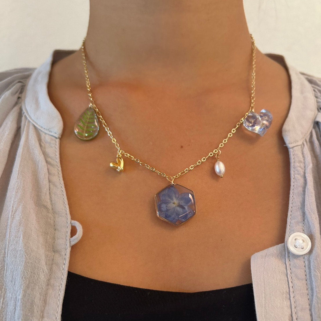 Hydrangea and Persian speedwell Charms necklace