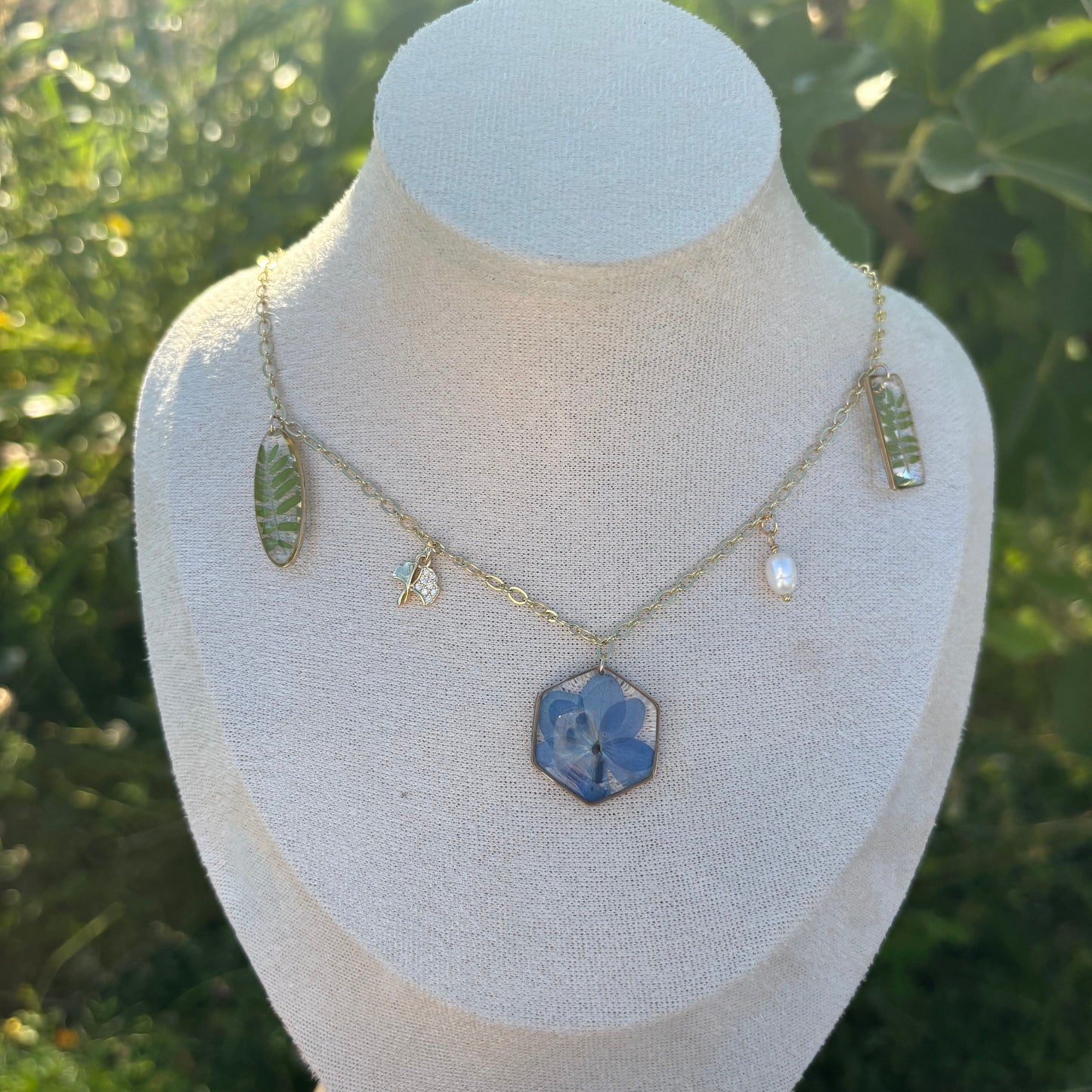Blue Hydrangea garden Charms necklace