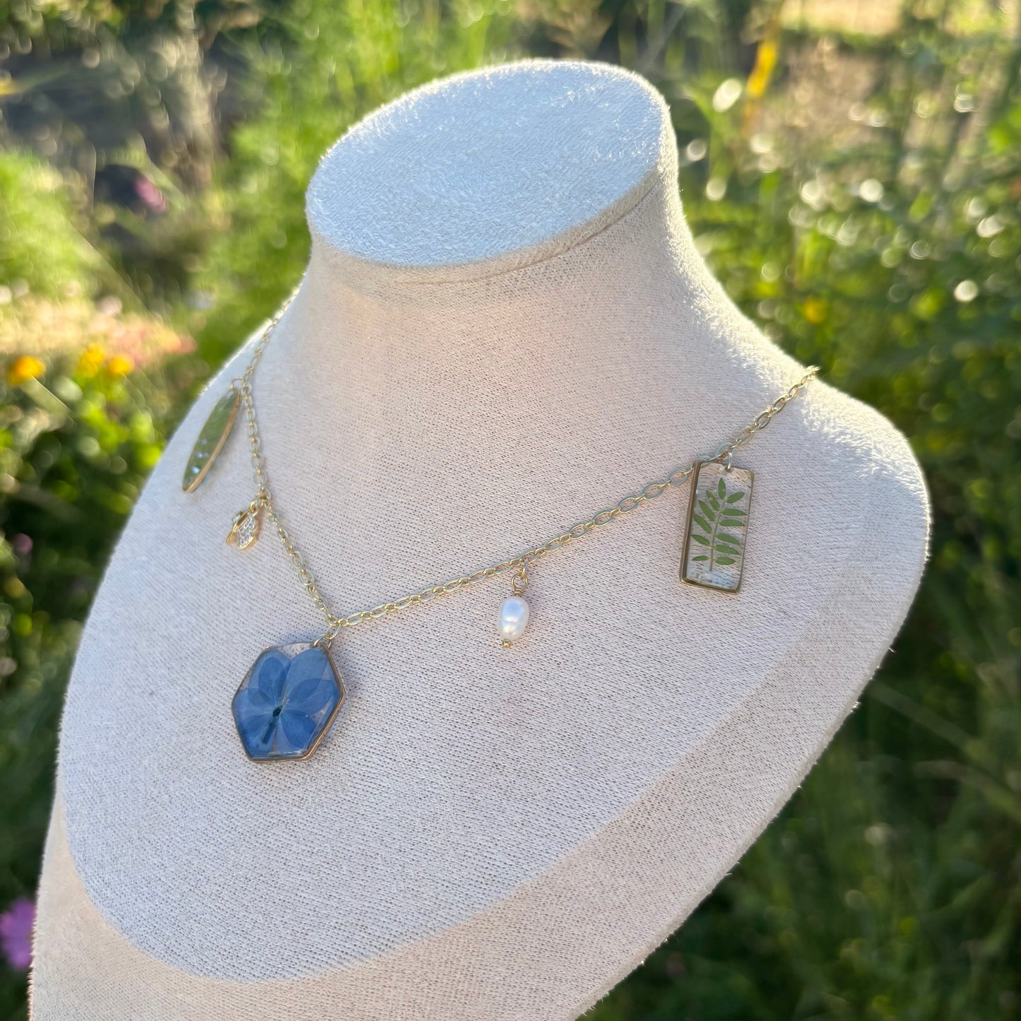 Blue Hydrangea garden Charms necklace