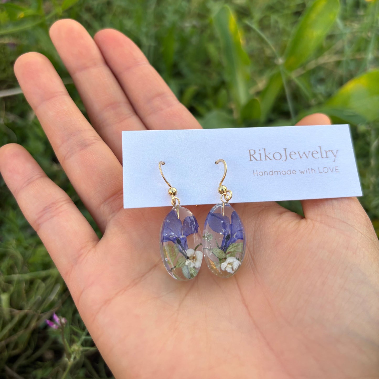 Blue Lobelia and white alyssum earrings