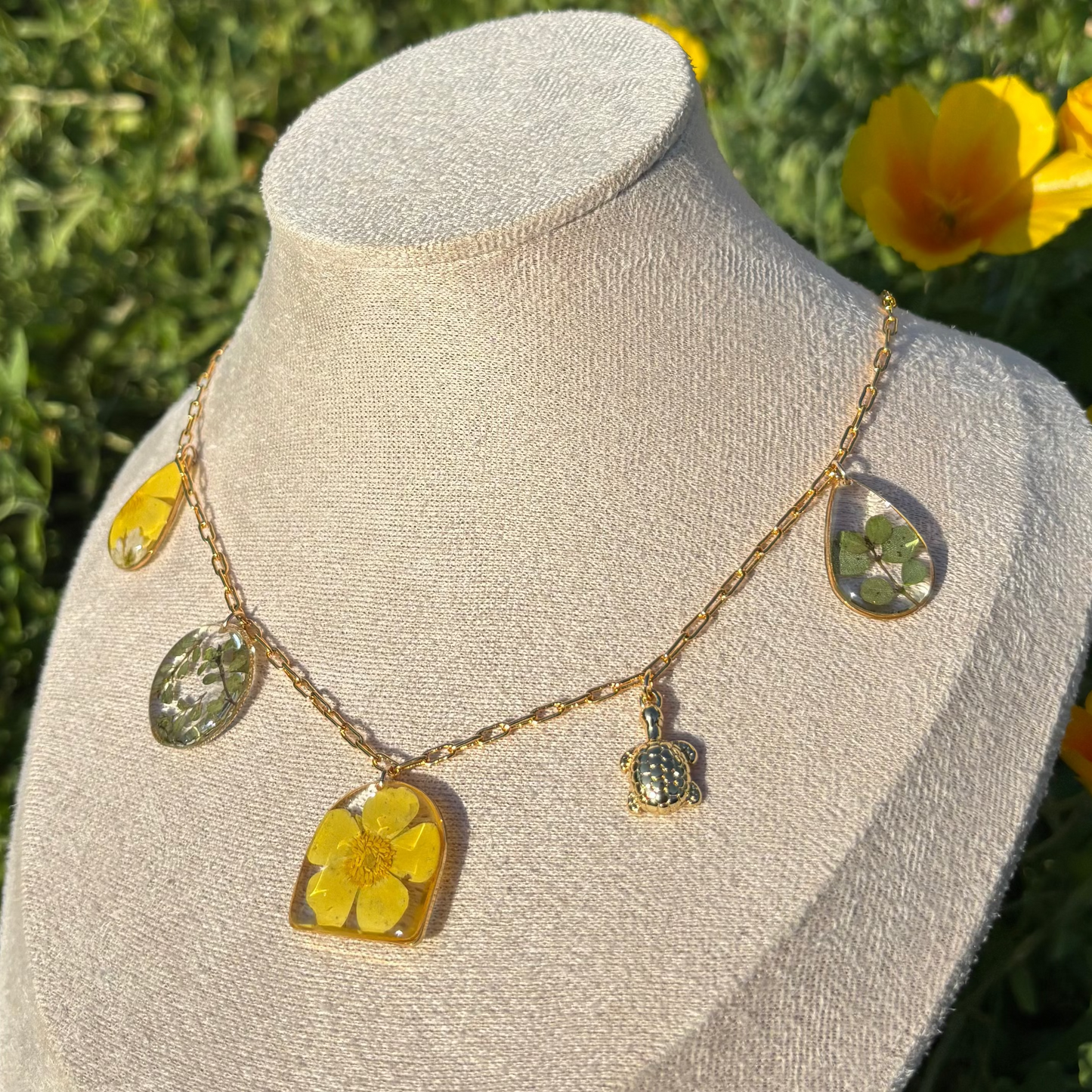 Buttercup flowers and tiny green leaves charm necklace