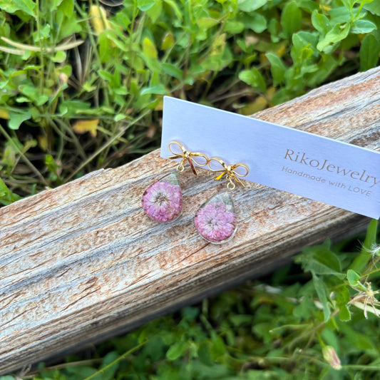 Ribbon purple chrysanthemum mini teardrop earrings