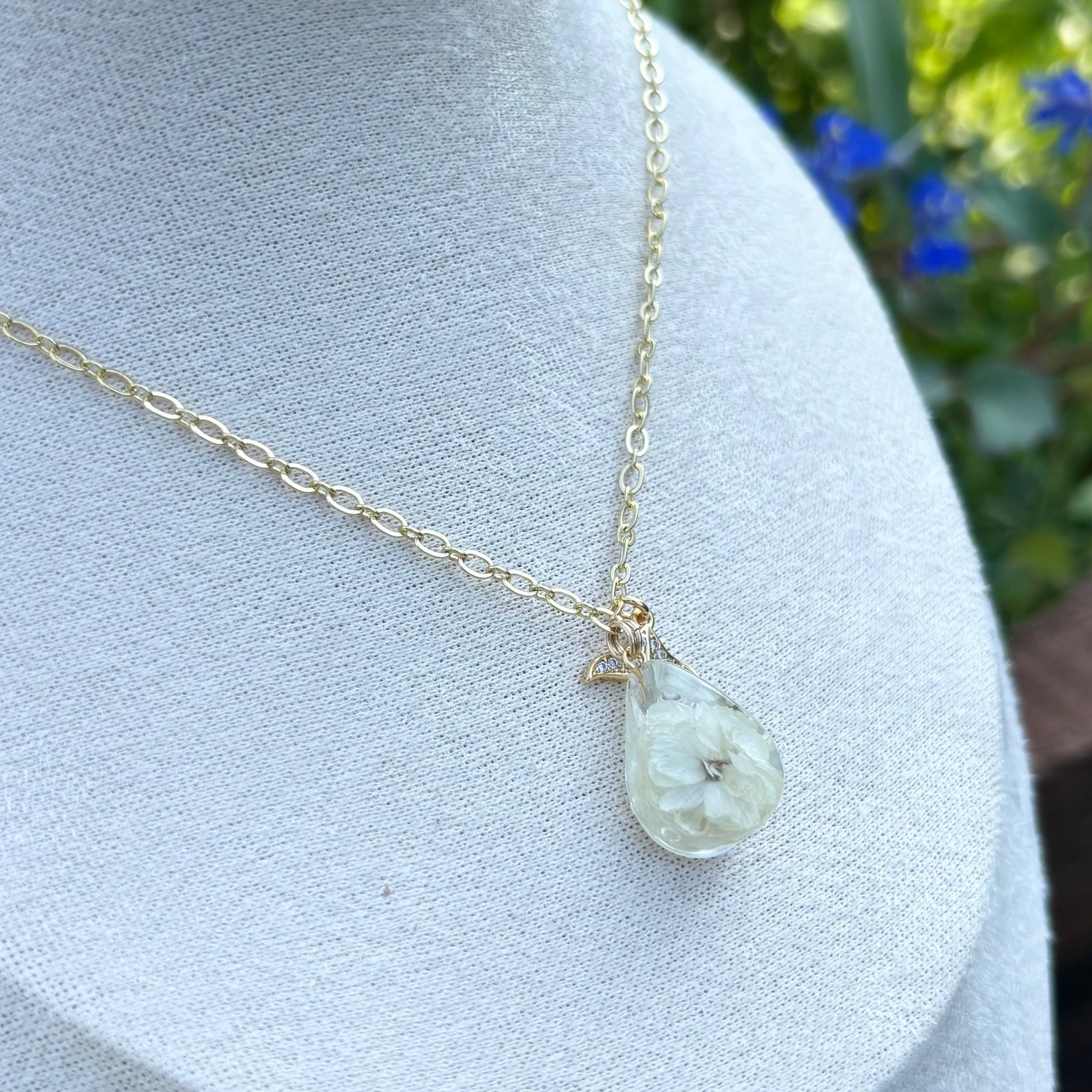 White pearl flower and gold filled charm necklace