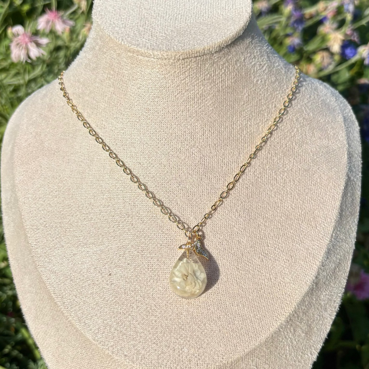 White pearl flower and gold filled charm necklace