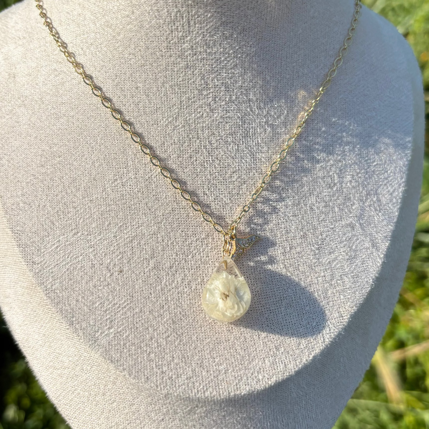 White pearl flower and gold filled charm necklace