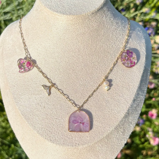 Pink flower garden charms necklace