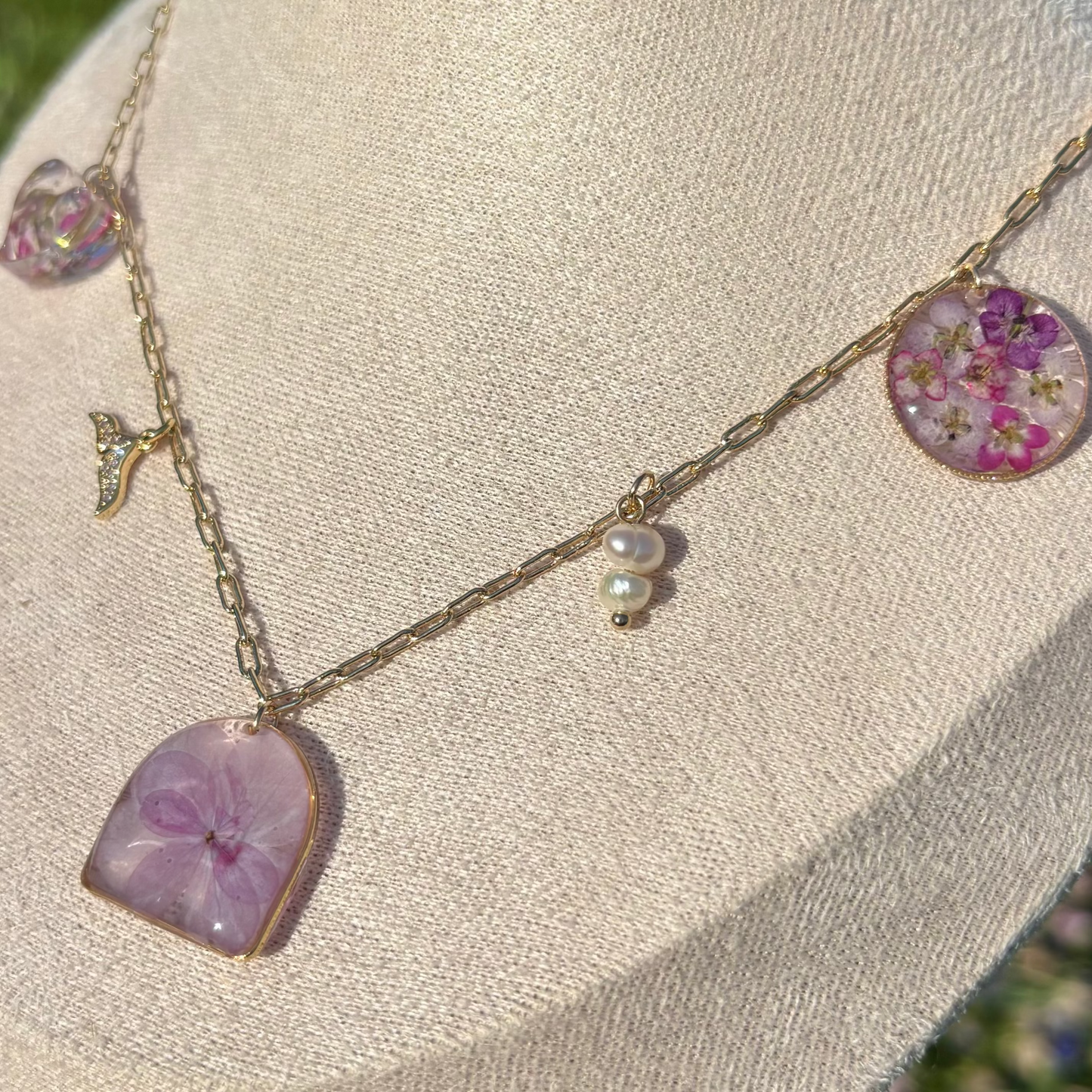 Pink flower garden charms necklace
