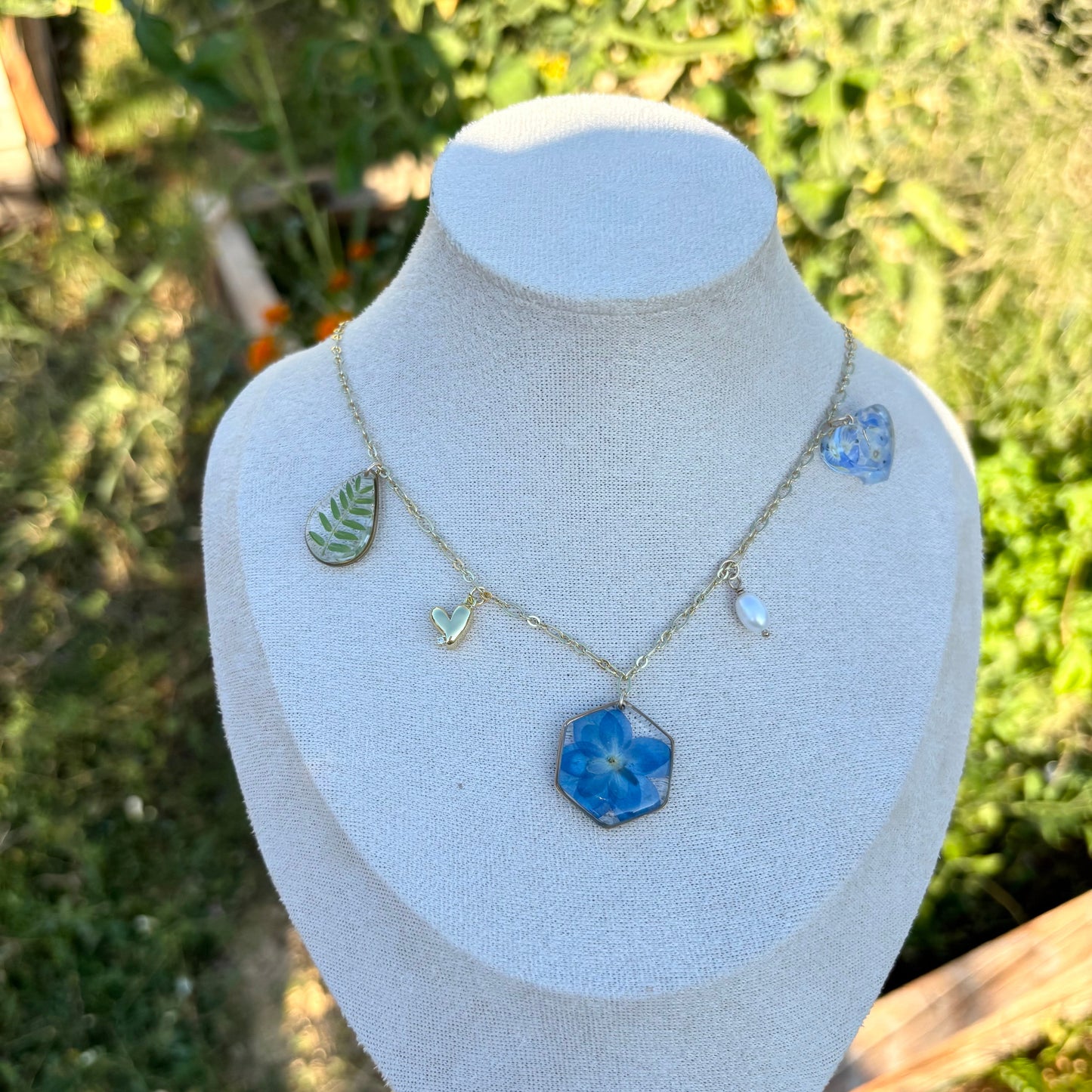 Hydrangea and Persian speedwell Charms necklace