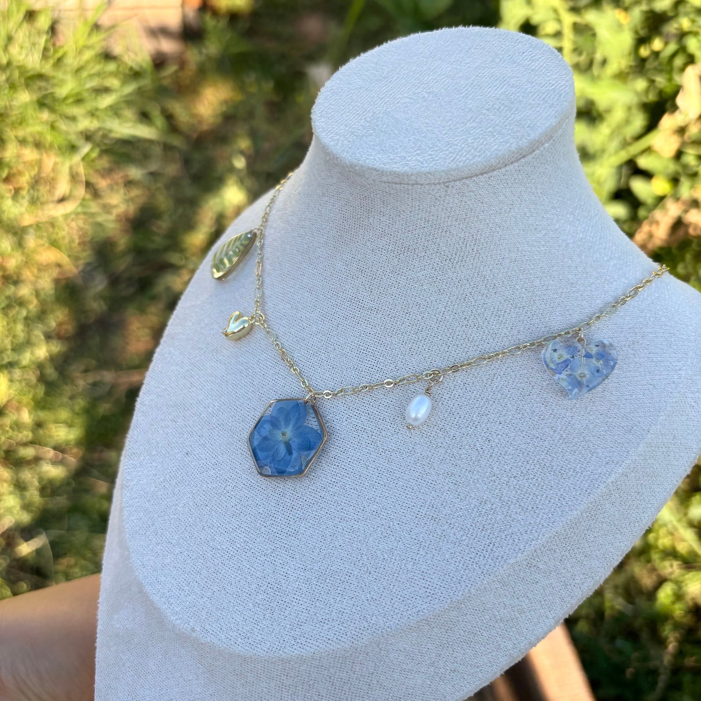 Hydrangea and Persian speedwell Charms necklace