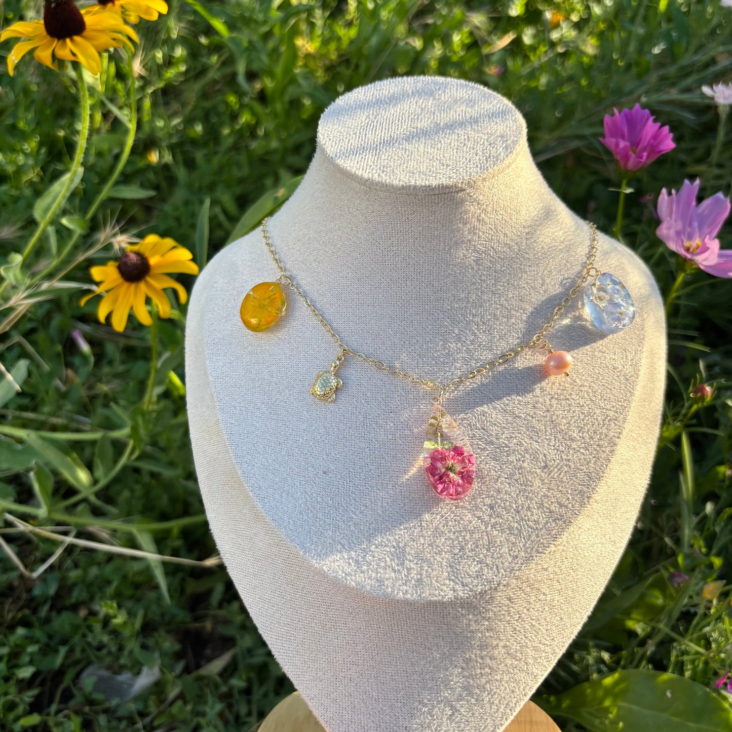 Rainbow Flower garden charms necklace