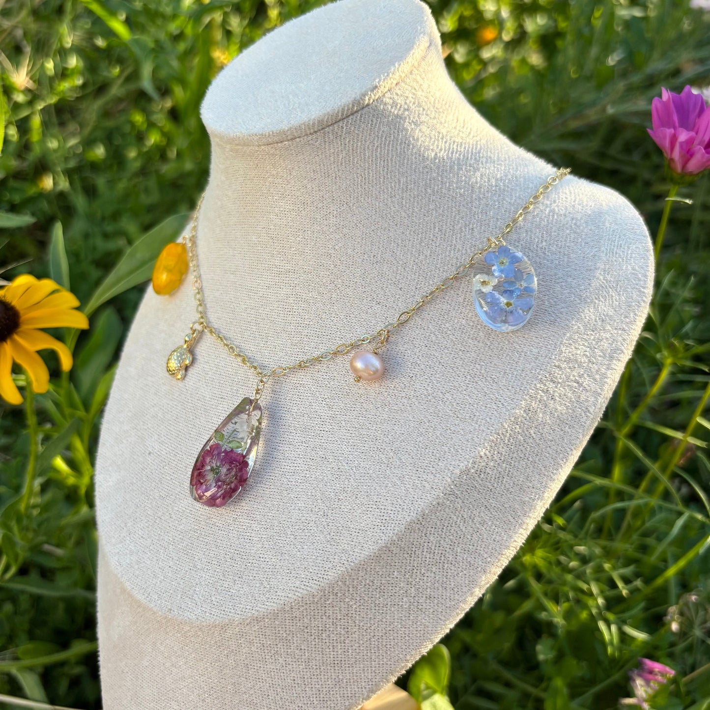 Rainbow Flower garden charms necklace