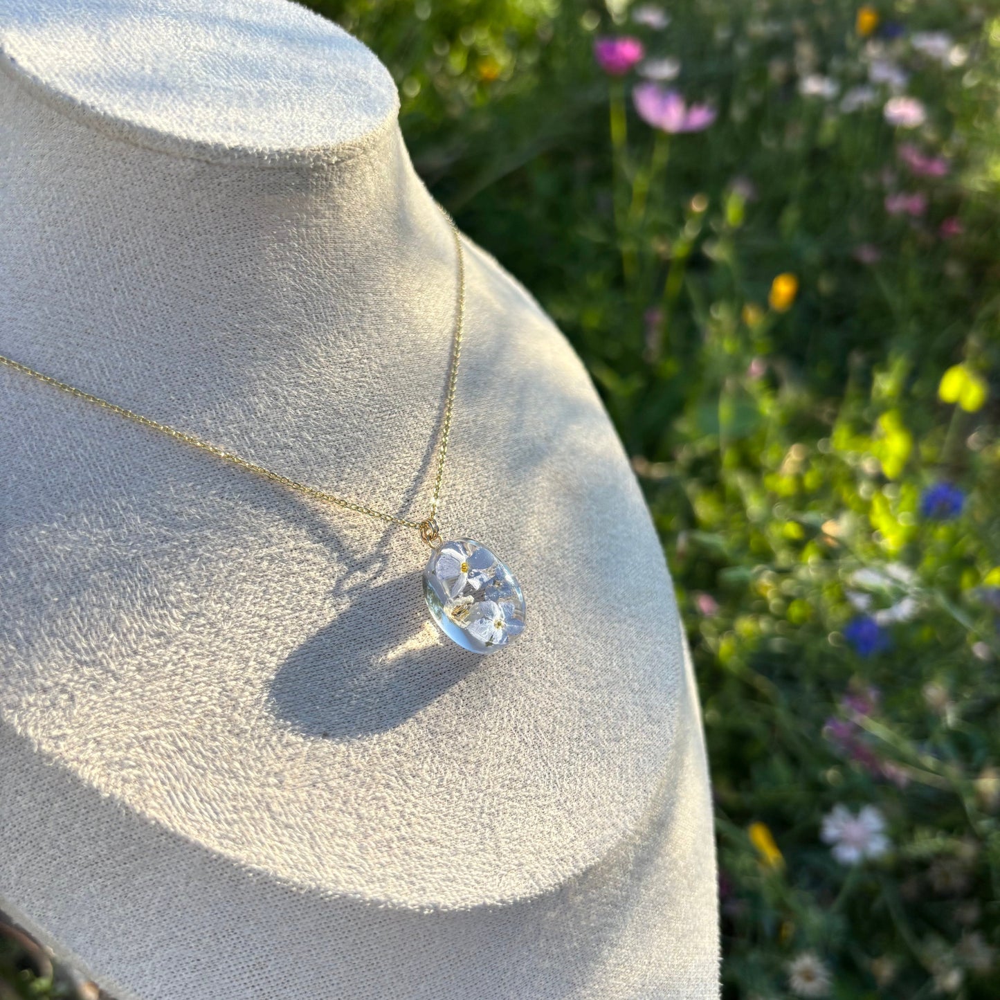 Forget me nots and white alyssum flowers necklace