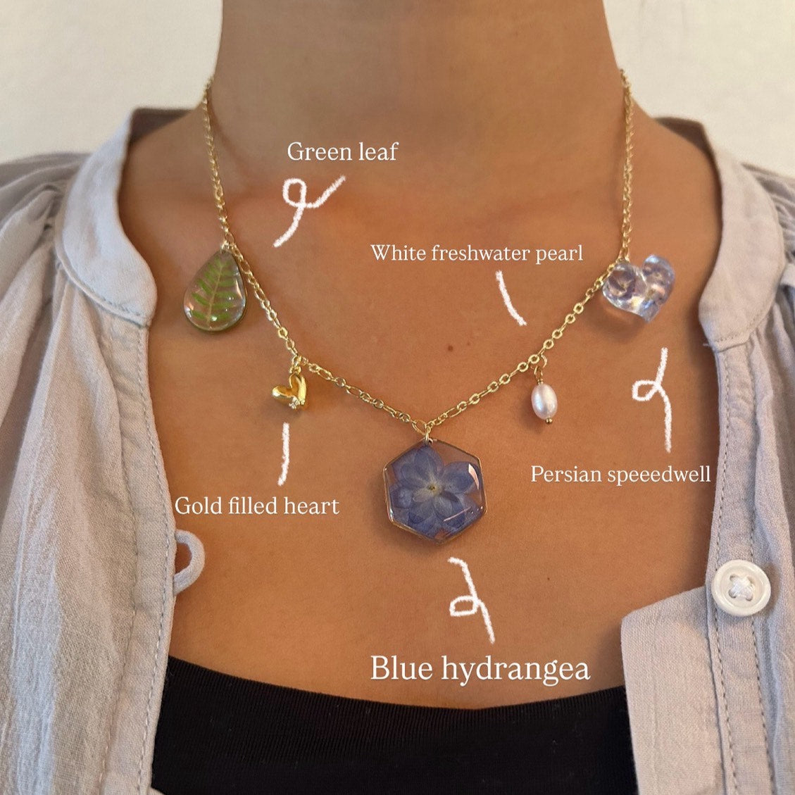 Hydrangea and Persian speedwell Charms necklace