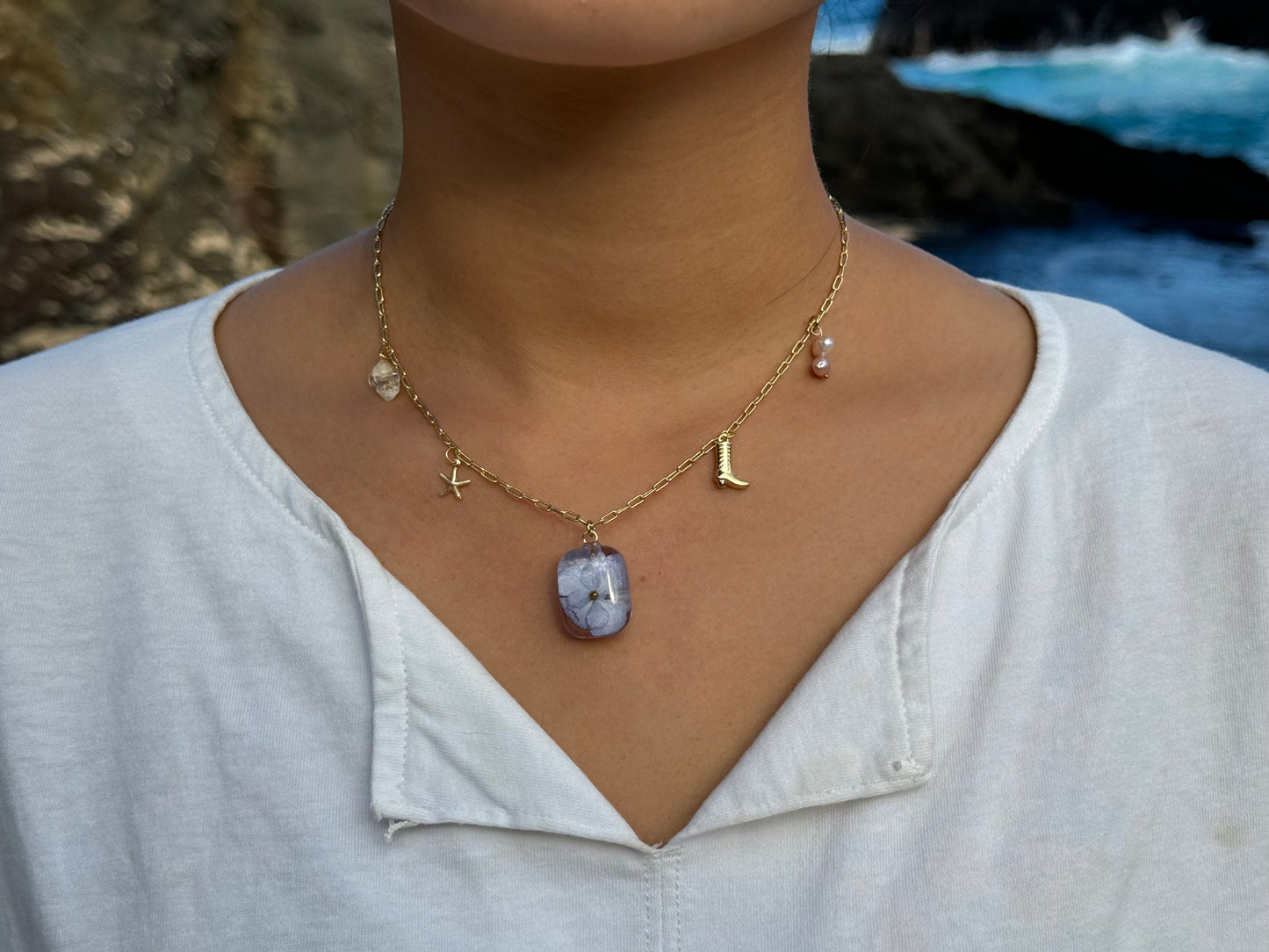 Hydrangea and gold charm necklace