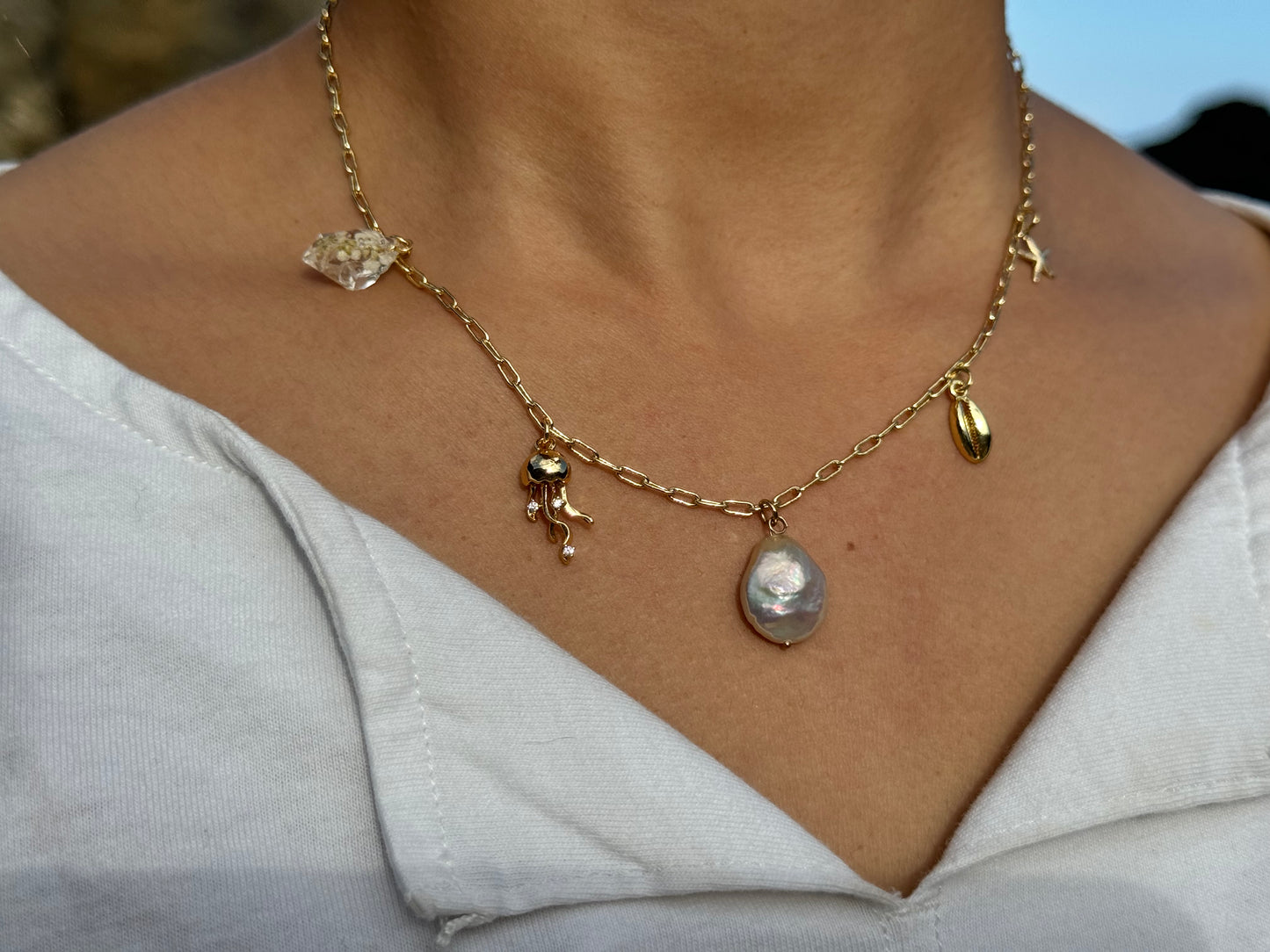 Pearl and gold Jellyfish charm necklace