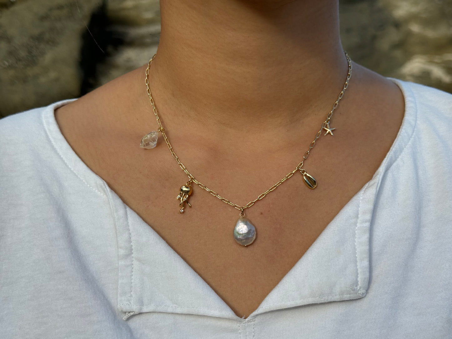 Pearl and gold Jellyfish charm necklace