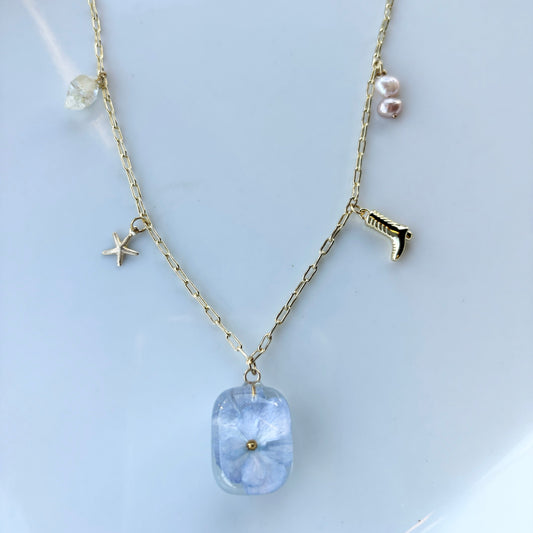 Hydrangea and gold charm necklace