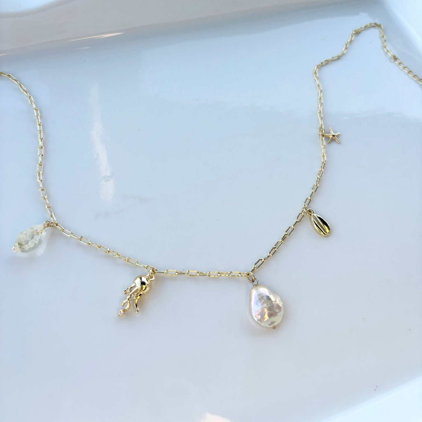 Pearl and gold Jellyfish charm necklace