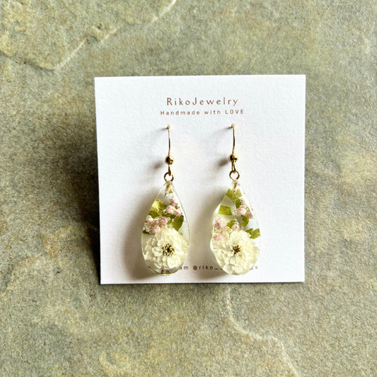 White pearl flower and pink Ozothamnus earrings