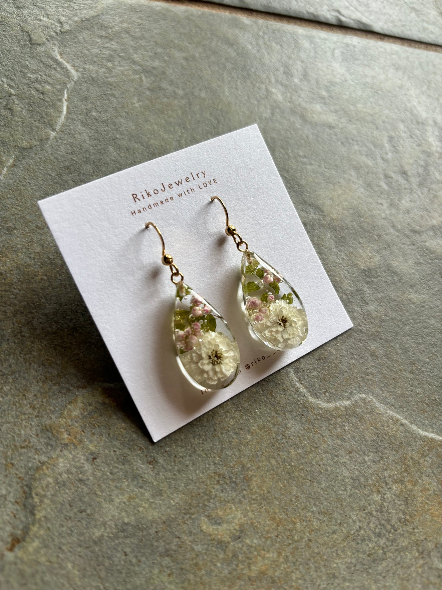 White pearl flower and pink Ozothamnus earrings