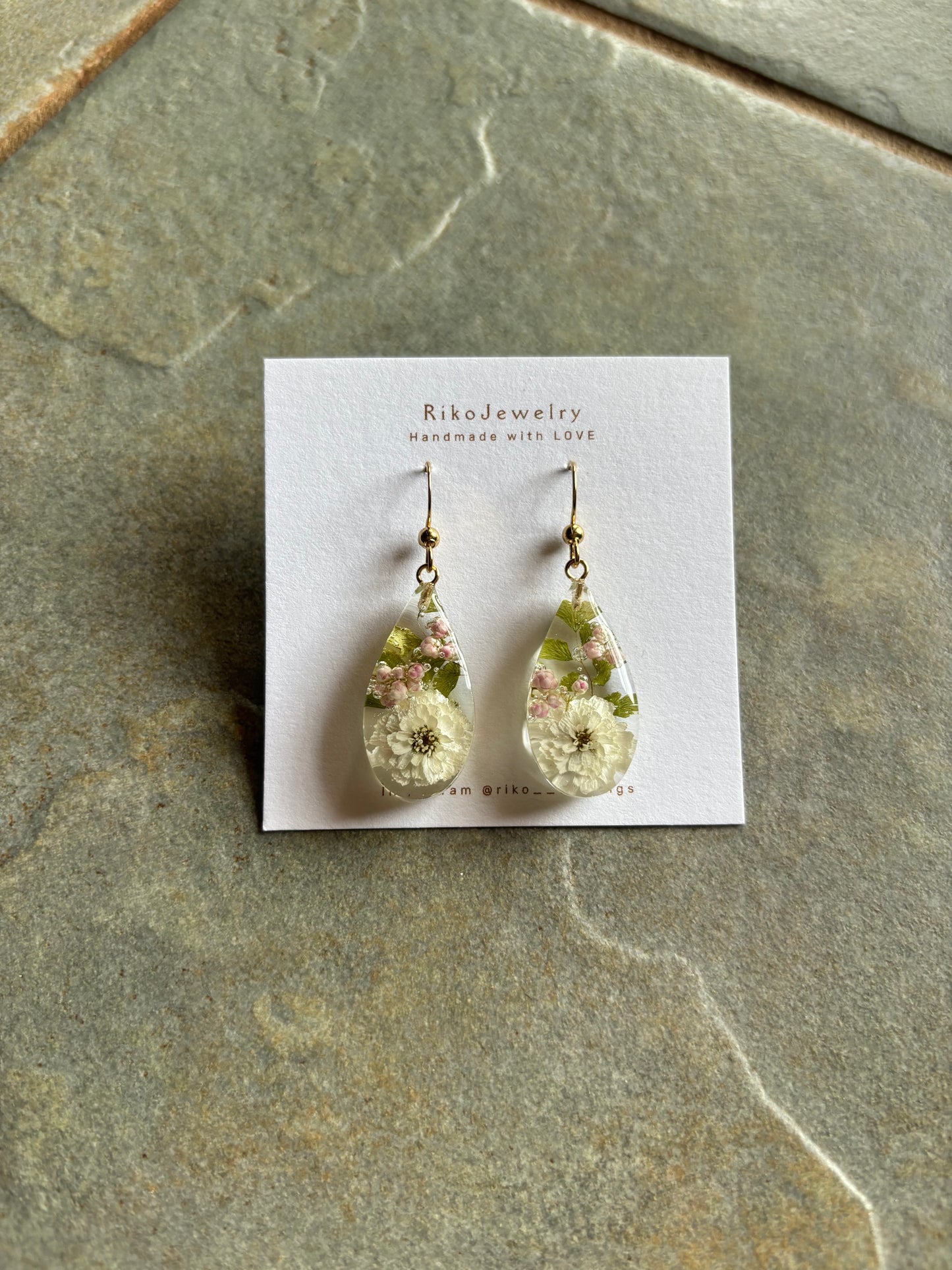 White pearl flower and pink Ozothamnus earrings